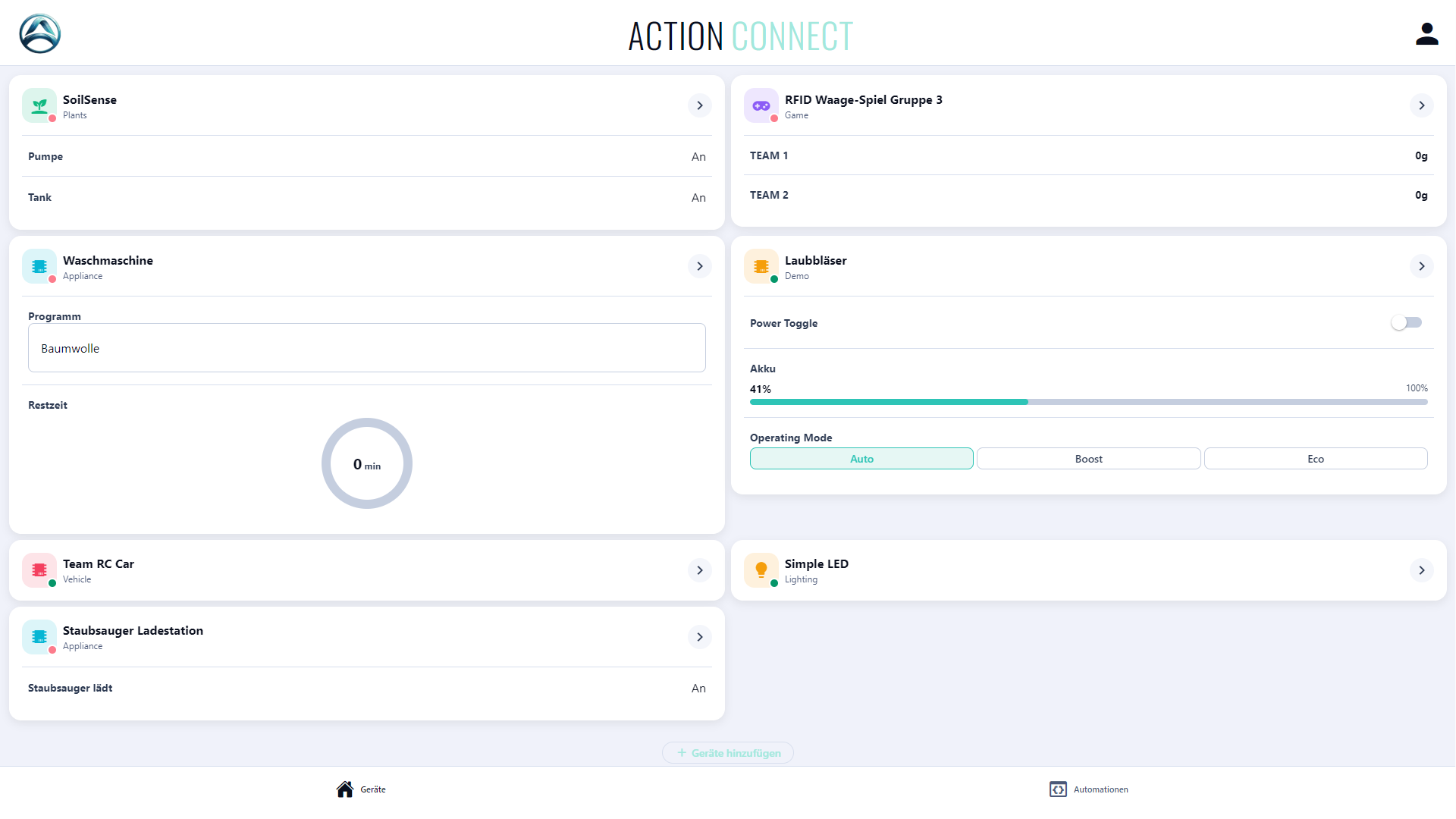 ActionConnect Dashboard mit mehreren Geräte-Kacheln